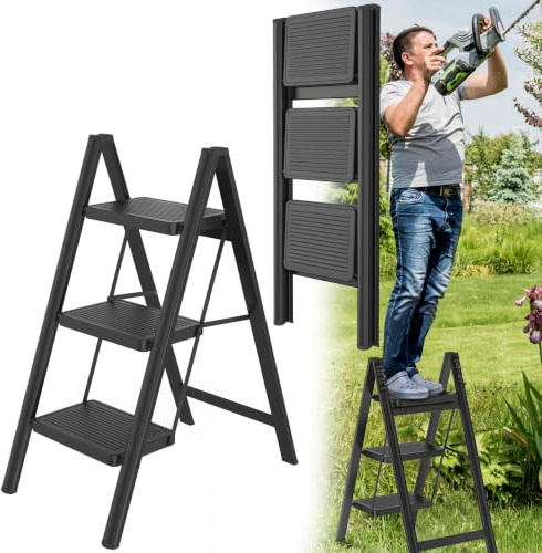 HENGMEI Aluminium stegstege 3 stegs stege fällbar stege stegpall halkfri ståstege trappstege hushållsstege med halkfri pedal multifunktionell stege, 150 kg lastbar