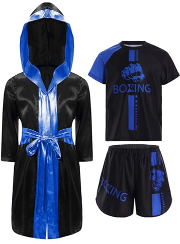 ranrann Barn pojke thai boxning set boxning badrock satin boxningsshorts och T-shirt set sport strid MMA sparkar boxning, Färg: blå, 5-6 ans