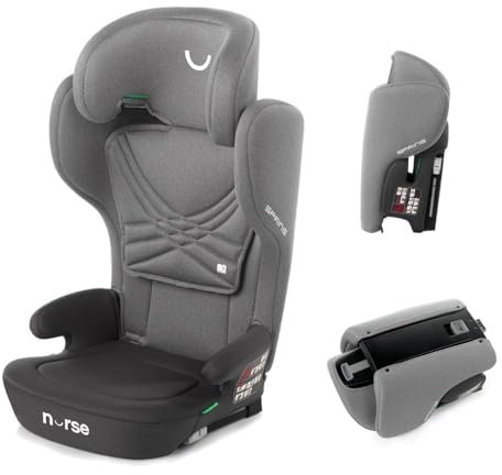 Nurse Spring Seggiolino auto i-Size, 100-150 cm, 4-12 anni, Isofix, sedia da viaggio, portatile, pieghevole, multiposizione, grigio