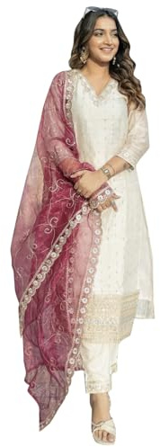 VredeVogel Women's Chanderi Silk Embroidered Kurta with Pant & Organza Dupatta Set | Casual Outfit Ethnic Kurta Set for Women | Modern & Traditional Blend Ethnic Wear
