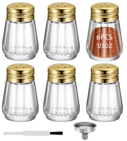 0.3 OZ Mini Salt and Pepper Shakers 6 Pcs - Small Mini Salt Shaker Clear Seasoning Shakers Tiny Glass Spice Containers, Portable Small Seasonging Jars for kitchen, Picnic (Gold)
