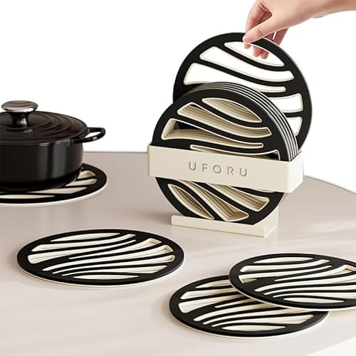 JanYoo 6er Set Topfuntersetzer Hitzebeständig rutschfest Topflappen für Küche & Tisch Modernes Design Küchenhelfer Set Runder Untersetzer Unterlage Ø 15,5cm