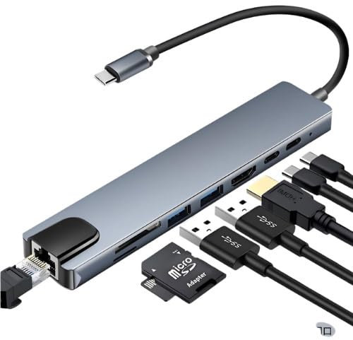 Hub USB C 8-en-1, Adaptateur USB C vers HDMI 4K, RJ45 Ethernet, PD 100W, Lecteur SD/TF, USB 3.0/2.0, Type C, Multiport Type c pour MacBook Air Pro, iPad, iPhone 15 16, PC Windows