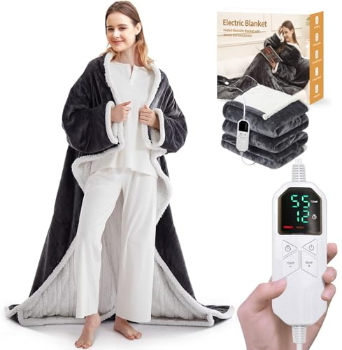 TABKSOLA Coperta riscaldante con maniche, 130 × 180 cm, 10 livelli di calore, fino a 12 ore di spegnimento automatico, in flanella lavabile, adatta per casa e ufficio, coperta elettrica per letto e