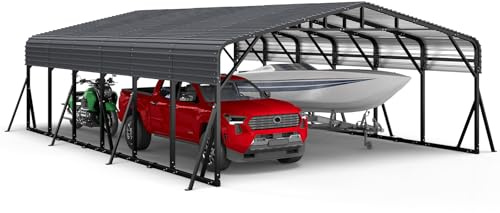 Jocoevol 20x30FT Heavy Duty Metal Carport, Outdoor Portable Car Garage w/Reinforced Support Rods & Windproof Ground Anchors, All-Season Versatile Outdoor Shelter for 3 Car, Boats, Truck