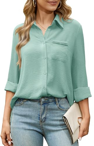 Odosalii Women's Button Down Shirts V Neck Long Sleeve Tops Smart Blouse | Be Made of Polyester/Easy Iron/Wrinkle Free/Cheesecloth/Flowy Drapy Relaxed/Versatile/Businesswomen/Teacher/Commuter