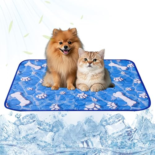 FOSDICK Cama Refrescante Perro, 70x55CM Manta Refrescante para Perros Gatos, Ligero y Transpirable Cama Fria para Perros, Cooling Mat Dog con Huellas de Huesos, Alfombra Refrigerante, Manta Fresca