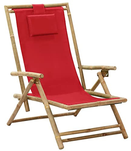 LoogCape Adjustable Bamboo Recliner Chair with Red Fabric Cover, Foldable and Space-Saving, Ideal as a Garden Chair, Balcony Chair, Patio Chair with Comfortable Backrest and Armrest