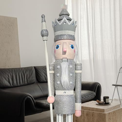 CDL 120cm 48 4Ft Tall Life-Size Large/Giant Silver Glitter Christmas Wooden Nutcracker King Ornament On Stand Holds Scepter For Indoor Outdoor Xmas/Event/Wedding Party Decoration K31