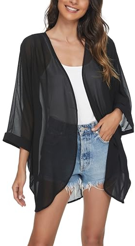 olrain Kimono de gasa transparente con estampado floral para mujer, manga 3/4 de murciélago, casual, suelto, kimono, capas, Negro-1, XL
