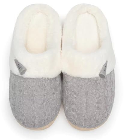 NineCiFun Women's Slip on Fuzzy Slippers Memory Foam House Slippers Outdoor Indoor Warm Plush Bedroom Shoes Scuff with Faux Fur Lining size 7 8 light grey