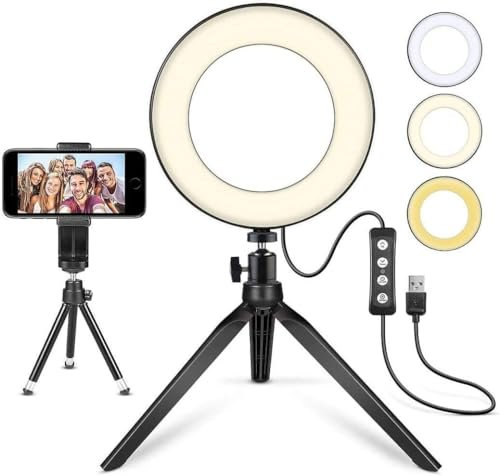 Aro de Luz LED con Trípode para Videos de Youtube, Maquillaje y Selfies, Luz de Cámara Mini con Soporte para Móvil, 3 Modos de Luz y 11 Niveles de Brillo (6 Pulgadas)