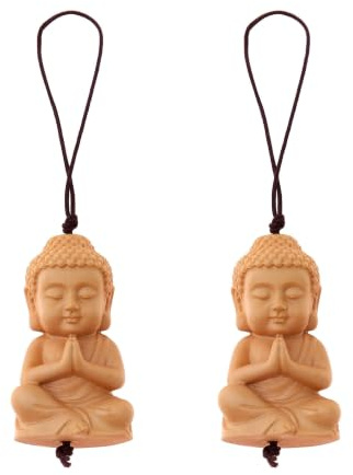 Flanacom Liten Buddha-nyckelring i trä – lyckobringare & Talisman – buddhistisk väskhänge med Buddhafigur (set om 2)