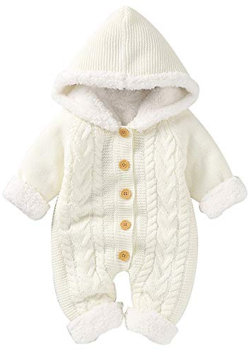 Haokaini Newborn Baby Hooded Knitted Romper Fleece Sweater Warmer Snowsuit Jumpsuit Coveralls Onepiece Infant Winter Outerwear for Boys Girls White