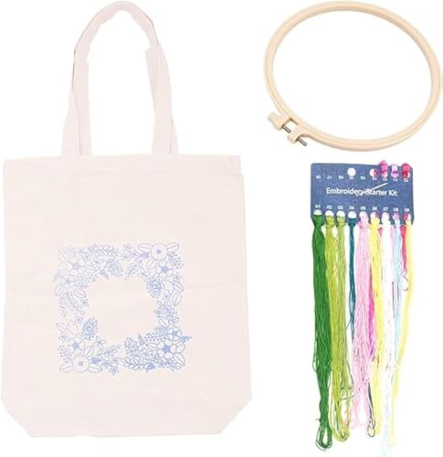 Namvo broderi-kit canvasbärkassar med blommönster, bambu broderiramar, färger, nålar, gör-det-själv-korsstygnssatser för nybörjare, vit