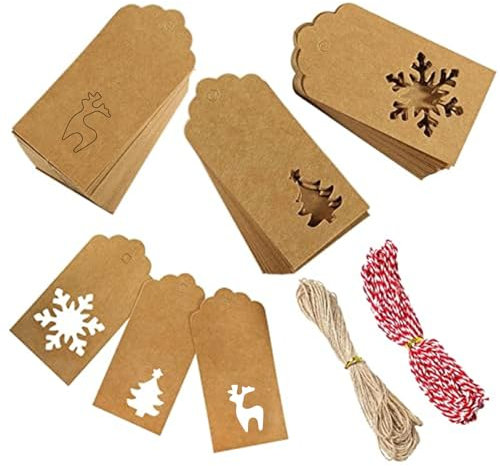 150 Stück Geschenkanhänger Weihnachten, Geschenkanhänger Kraftpapier, Geschenk Anhänger Etiketten Kraftpapier Tags Karten mit 10m Rotes Seil + 10m Jute Schnur für Geschenkdeko (150)