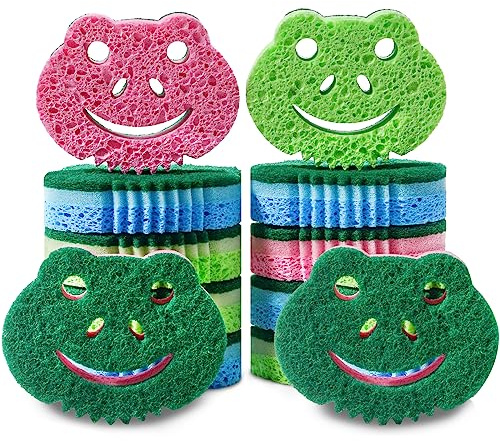 SmilePowo 12 Pack Scrub Sponge,Bulk Sponges,Dual-Sided Multi-Functional Premium Cleaning Sponges,Dishwashing Sponge for Heavy Duty Scouring Pads,Bathroom,Dish,Furniture,Kitchen(Frog Shape)