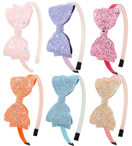 DRESHOW 6 Pack Girls Bow Headbands Glitter Kids Headband Heart Star Hairband for Toddlers Teens