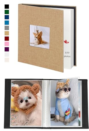 Miaikoe Álbum de fotos de 10 x 15 cm, 50 bolsillos, 2 paquetes, slip en la parte superior de lino, miniálbum de libros, mantiene 100 fotos verticales de 10 x 15 cm, para familia, boda, bebé, caqui