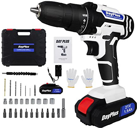 Set di avvitatore a batteria, 21 V, 25 + 1 livelli di coppia, avvitatore a batteria con 1 batteria da 1,5 Ah, trapano a batteria 45 Nm, coppia massima: 2 marce, luce LED, 29 pezzi, colore: bianco