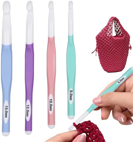 4 Stück Große häkelnadel Set (8 mm 10 mm 12 mm 15 mm) mit Gummigriff zum Stricken von Pullovern und Schals Profis Ergonomisches Häkelnadelset aus Kunststoff Komfortgriff Häkelnadel für Arthritis