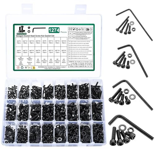 1270 Pcs Juego de Tornillos y Tuercas y Arandelas, M2 M3 M4 M5 Tornillos de Cabeza Hueca Hexagonal, Métricos Tornillería Tornillos Cabeza Hexagonales para Reparación Máquinas, Negro