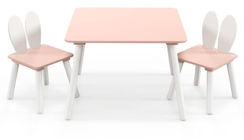 COSTWAY Tavolo Bambini con 2 Sedie, Set Tavolo e Sedie in Legno per Bambini 3-6 anni con Schienale a Forma di Coniglio, Tavolino per Giocare, Disegnare e Leggere, Capacità di 40 kg (Rosa)