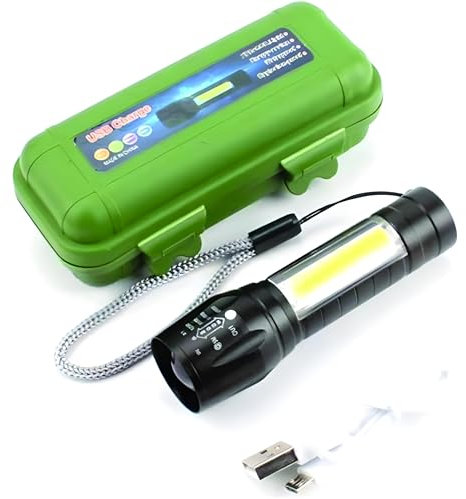 PARENCE.- Torcia ricaricabile USB / 3 modalità di illuminazione: Lato stroboscopico normale/Lega di alluminio - Lampada potente con cordino, custodia per il trasporto, quotidiano, lavoro