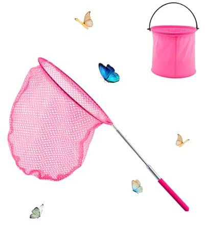 XIAQICA Filet Papillon Kit, Télescopique Epuisette Peche avec Seau Pliable Filet de Débarquement pour Enfants pour Attraper des Insectes Pêche Plage Extérieure Activités de Jardin (Rose)