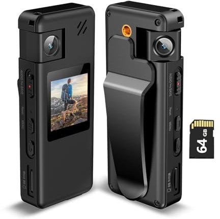 Hoestr A32 64GB Caméra de Corps, Caméra Corporelle Portable avec Objectif Rotatif 180° et Détection de Mouvement, Caméscope 1080P avec Enregistrement Audio et Vidéo pour Outdoor Sports Police Livrais