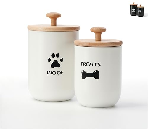 OTTENON Dog Treat Container Set of 2, Dog treat jar with Airtight Lid, Small dog food container, Dog Cookie Jar for kitchen Counter, Treats Canister, Pet Treat Container 8.3x4.9 & 7.1x4.3 (White)