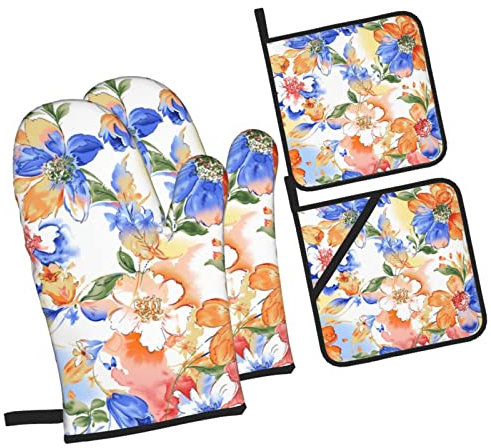4 Pezzi Forno E Presine Guanti Colorful Flower Spring Cucina Guanti Morbida Divertenti Guanti Barbecue Per Cottura Al Forno, Grigliare, Cottura Al Forno