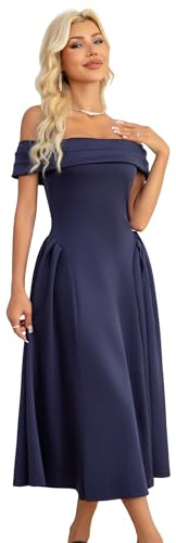 Wellwits Women's Off Shoulder Pleated Vintage Midi Cocktail Formal Dress