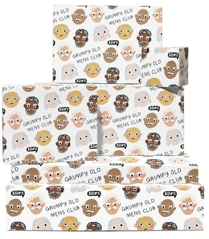 Divertente Carta Da Imballaggio Bianco - 6 Fogli Con Grumpy Old Mens Club Faces Regalo Per Dad Grandpa & Friends Compleanno Natale Gatherings Retirement Parties Events Di Central 23