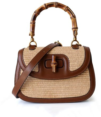 Small Women Tote bag, Bamboo Shape Handle, Leather and Straw Woven Top Handle Bags, Womens Crossbody Bag