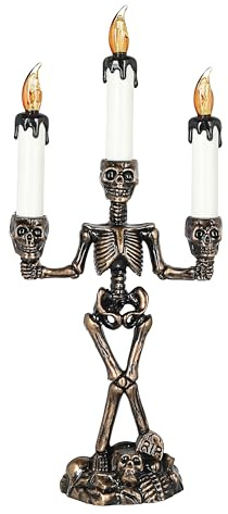 Candelabro a LED a forma di teschio, a tre bracci, 15 x 36 x 8 cm, nero, oro, bianco, plastica, giallo, tremolante, Halloween, candelabro, teschi