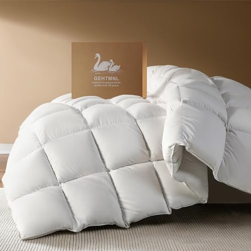 Gehtmnl Goose Down Fiber Comforter King Size – All Season Naturally Breathable Down Comforters, Luxury Hotel Collection Duvet Insert with 8 Corner Tabs, Cotton Fabric & Baffle Box (White,65oz Fill)