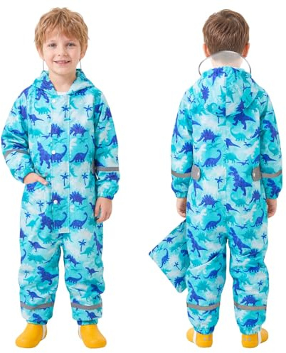 FILOWA Impermeabile Pioggia Tuta Bambino Impermeabile Antipioggia con Cappuccio Ragazzo Dinosauro Motivo Leggero Portatile Jogging Tutto in Uno Giacche Impermeabili Trekking Viaggio 5-7 Anni, Blu