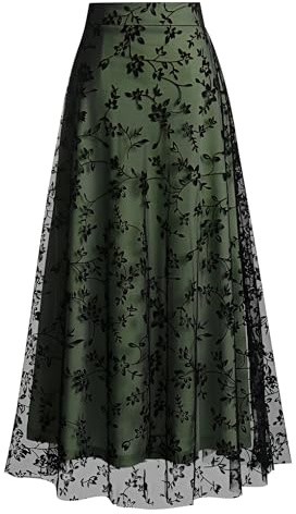 Cutecrop Women Floral Mesh Midi Skirt Boho High Waist Layered Tulle Skirt Flowy A-Line for Spring Fall Travel Wedding Date(Green,M)