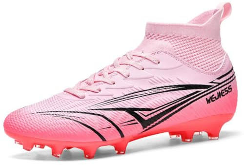 WEJIESS Men's Football Boots High-top Soccer Shoes Youth Sports Training Shoes Outdoor Professional Sports Football Shoes Kids Astro Turf Boots Football Cleats AG/FG Pink 6 UK