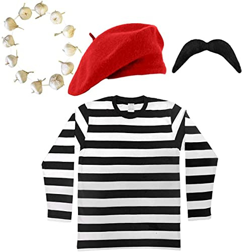 Fransk man maskeraddräkt svart och vitrandig topp + röd basker + svart mustasch + lök/vitlök girlang fransk man outfit set (liten)