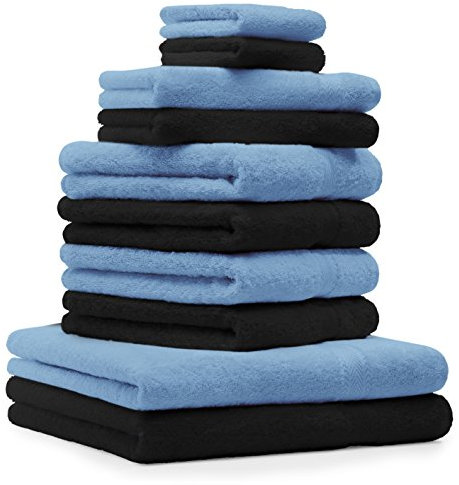 Betz Premium Handtuch-Set 10-teilig – 100% Baumwolle – Oeko-TEX® Zertifiziert – saugfähig&weich – 470g/m² – Duschtücher, Handtücher, Gästetücher & Waschhandschuhe – Farbe Hellblau & Schwarz