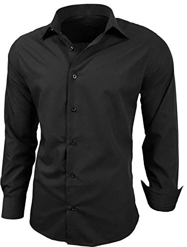 Baxboy Camisa de hombre ajustada fácil de planchar para traje, negocios, boda, ocio, camisas de manga larga para hombre R-44, Negro, M