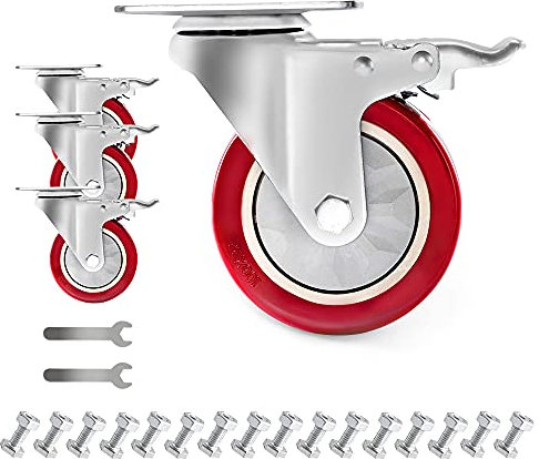 D&L 4 Inch Plate Swivel Castors Wheels 1800lbs Heavy Duty Castors with Brake Polyurethane Dual Locking Casters Set of 4 Red DL-I4-001