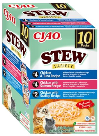 INABA Ciao Stew kattgodis med högkvalitativa ingredienser, rik på fukt och protein, lågt kaloriinnehåll, utan spannmål eller socker 40 g (paket med 10)