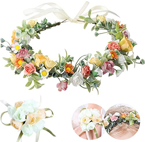 Dzsomt Braut Haarkranz Blumenkranz für Hochzeit, 1 Set mit 2 Stücken, Bunt, Verstellbar, Stoff, für Damen und Mädchen