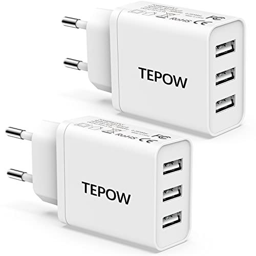 Chargeur Prise Secteur USB Multiple 2Pack 15W/3A,Tepow 3 Port Adaptateur Chargeur Telephone Universel pour Apple iPhone,Samsung Galaxy,Huawei,Xiaomi,Android