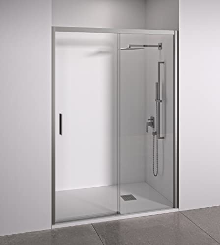 Mampara de ducha frontal 1 corredera + 1 fijo - sin perfilería inferior - Cristal transparente templado 6mm antical - Plata Brillo - Ancho adaptable 160 a 165cm - Posición puerta izquierda - Alt 195cm