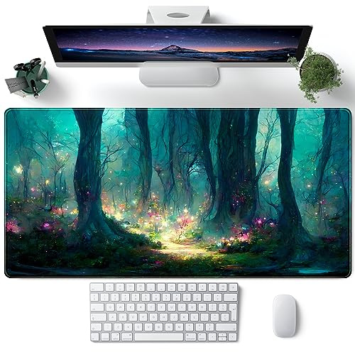 CYZFF Grand Tapis de Souris Motif forêt Bleu et Vert pour Dessus de Bureau, Ordinateur Portable, Clavier d'ordinateur, Souris de Jeu, Format XXL 80 x 40 cm, Accessoires de Bureau Mignons
