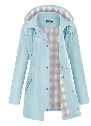 LOMON Women Waterproof Outdoor Hiking Raincoat Women Lined Rain Jacket Lightweight Hooded Jackets Trench Coats Light Blue XL(Big Plaid Lining)